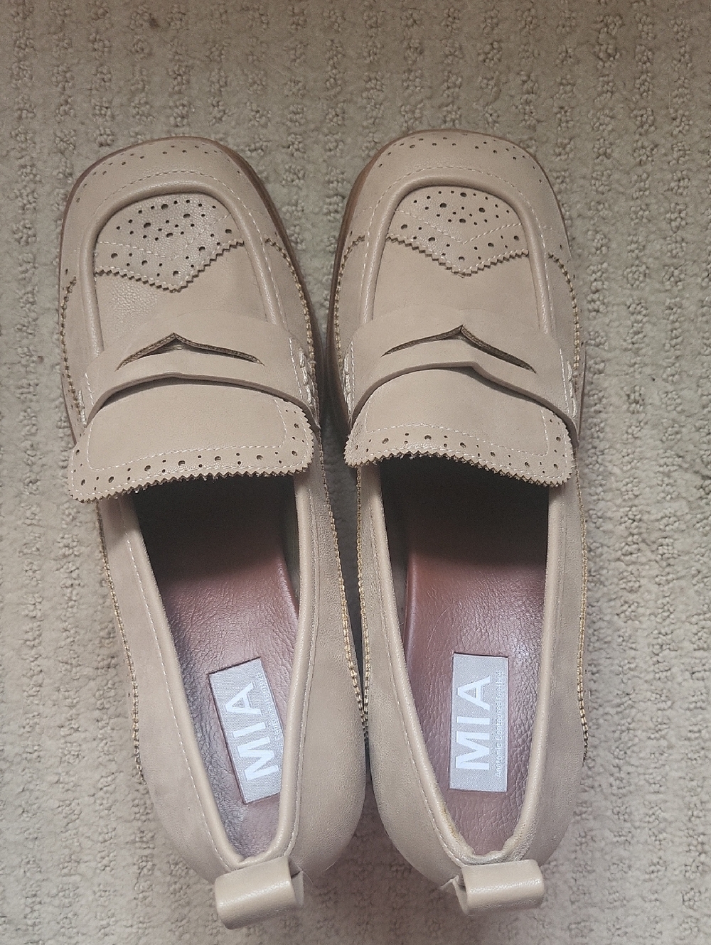 MIA Tan Suede Penny Loafer Heels with Brogue Detail